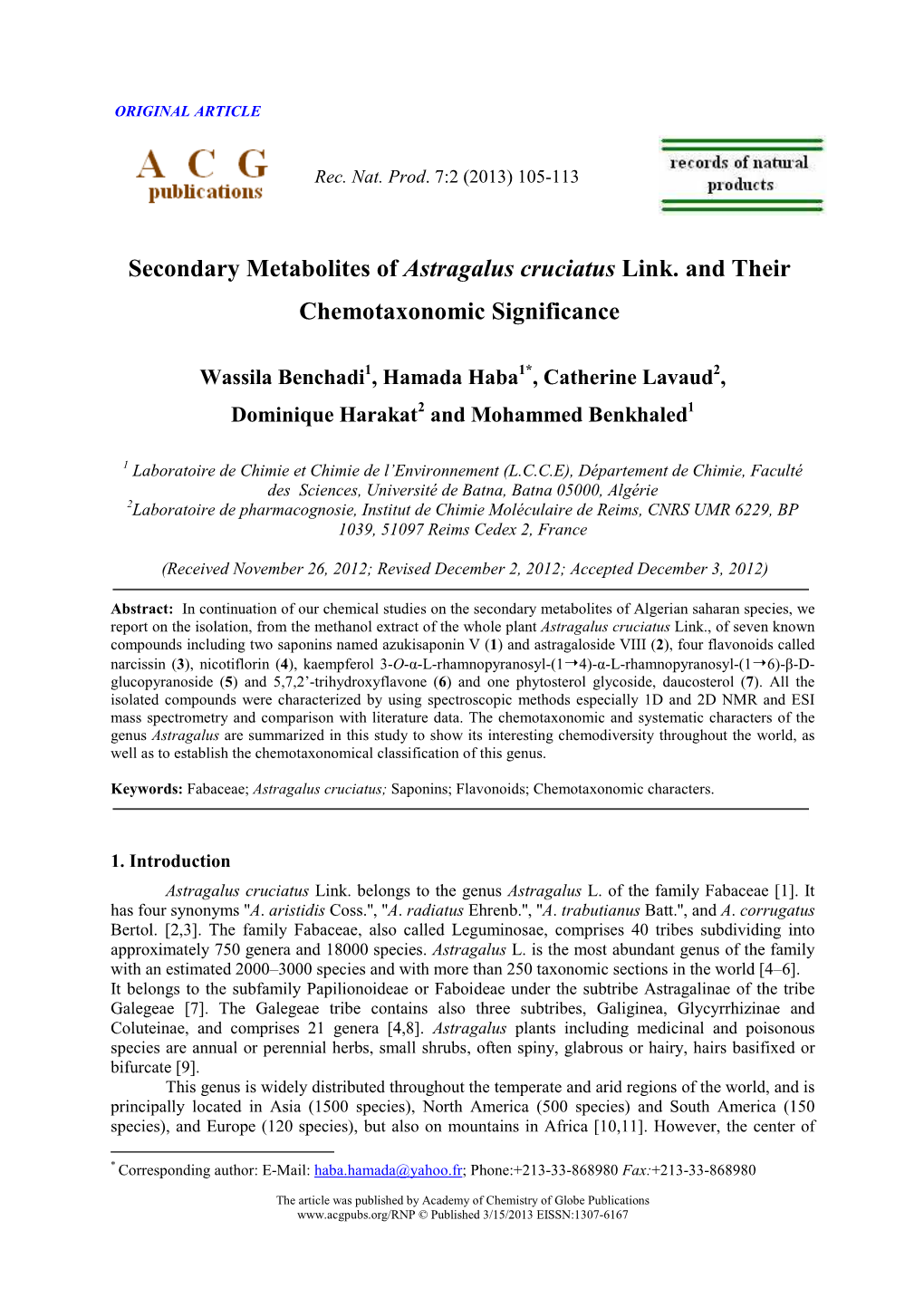 Secondary Metabolites of Astragalus Cruciatus Link. and Their Chemotaxonomic Significance