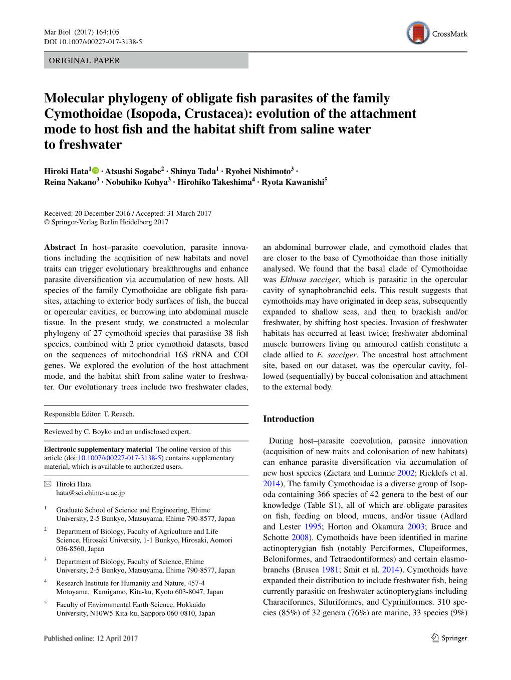 Molecular Phylogeny of Obligate Fish Parasites of the Family Cymothoidae