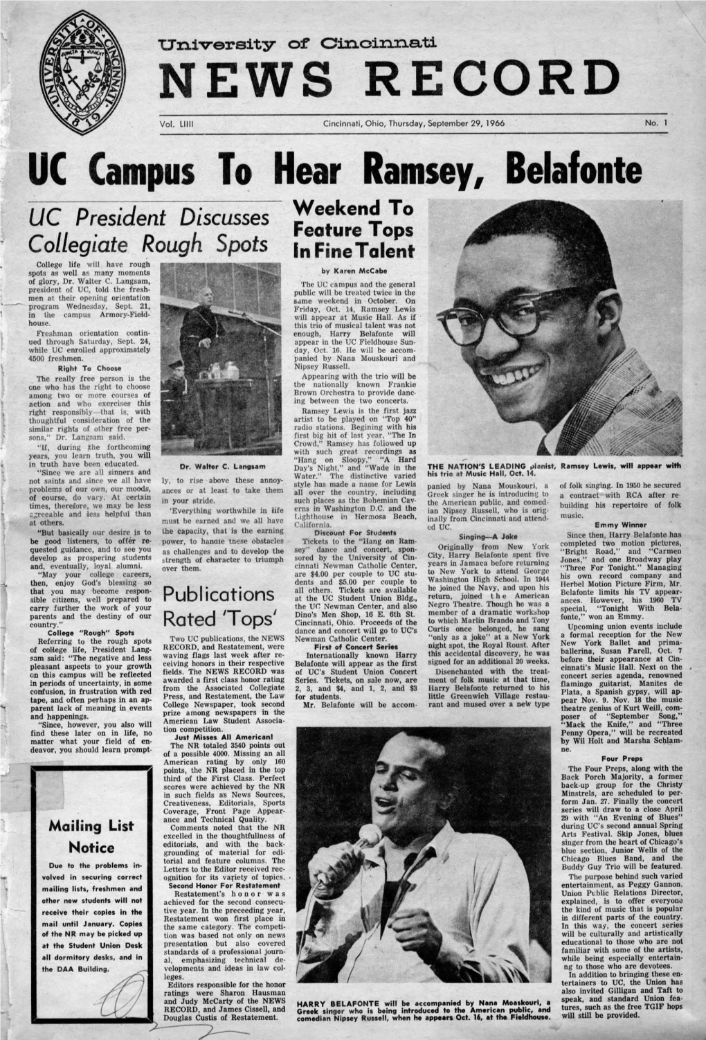 University of Cincinnati News Record. Thursday, September 29, 1966. Vol