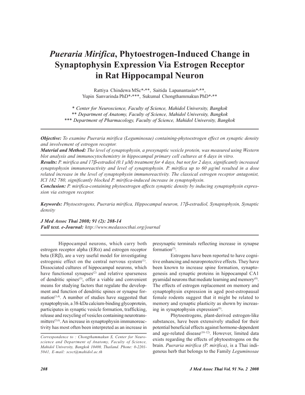 Pueraria Mirifica, Phytoestrogen-Induced Change in Synaptophysin Expression Via Estrogen Receptor in Rat Hippocampal Neuron