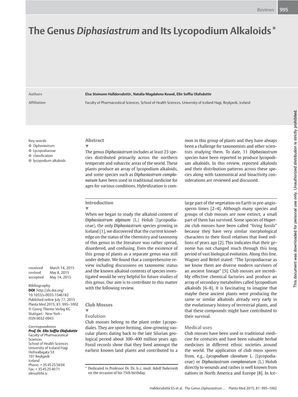 The Genus Diphasiastrum and Its Lycopodium Alkaloids*