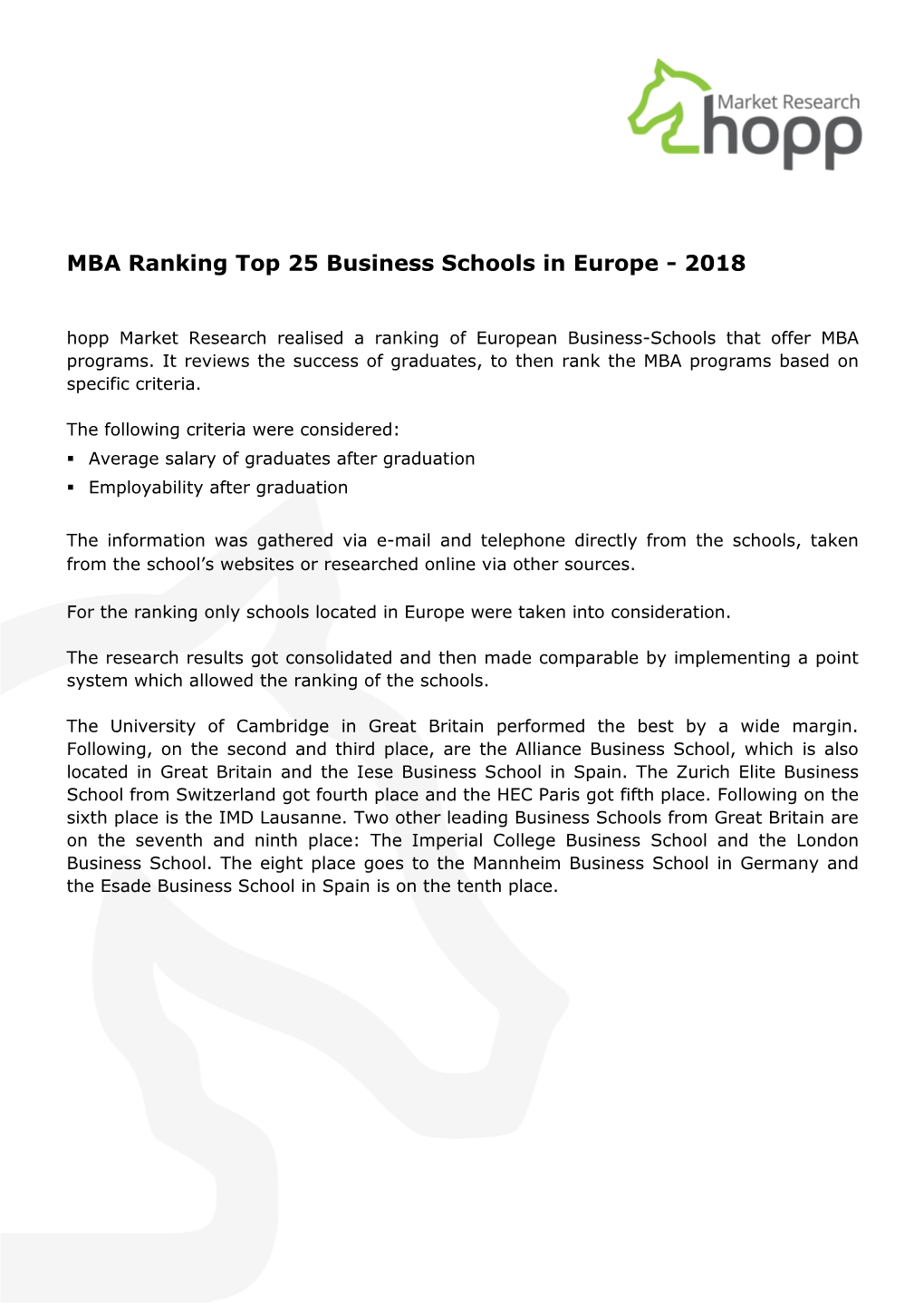 MBA Ranking Top 25 Business Schools in Europe - 2018