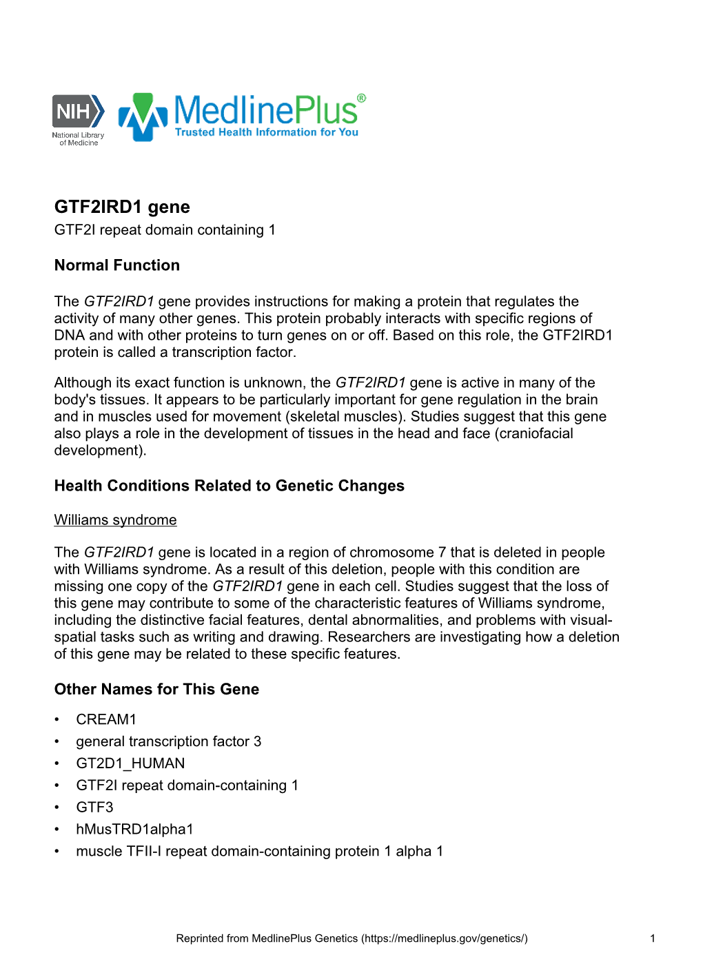 GTF2IRD1 Gene GTF2I Repeat Domain Containing 1