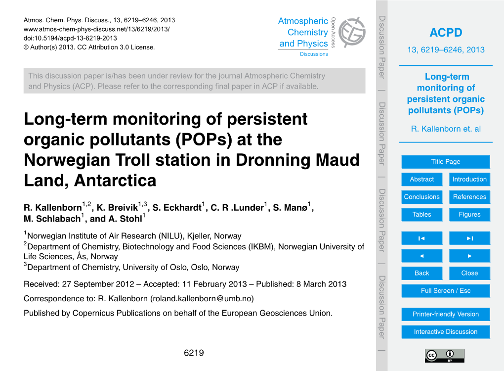 Long-Term Monitoring of Persistent Organic Pollutants (Pops)