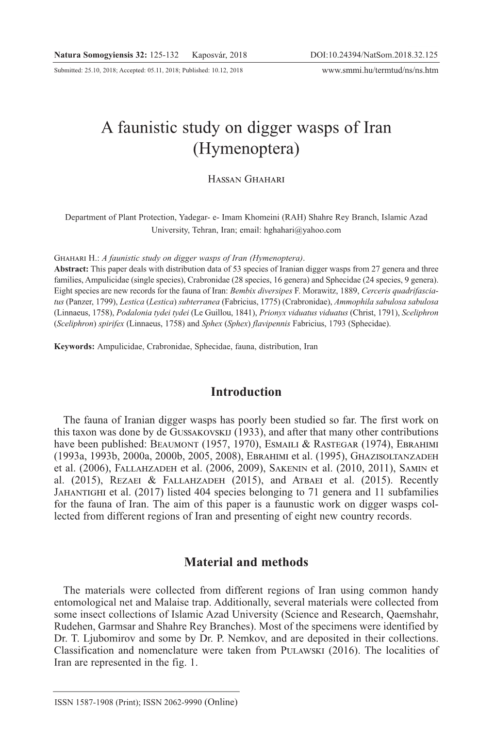 A Faunistic Study on Digger Wasps of Iran (Hymenoptera)