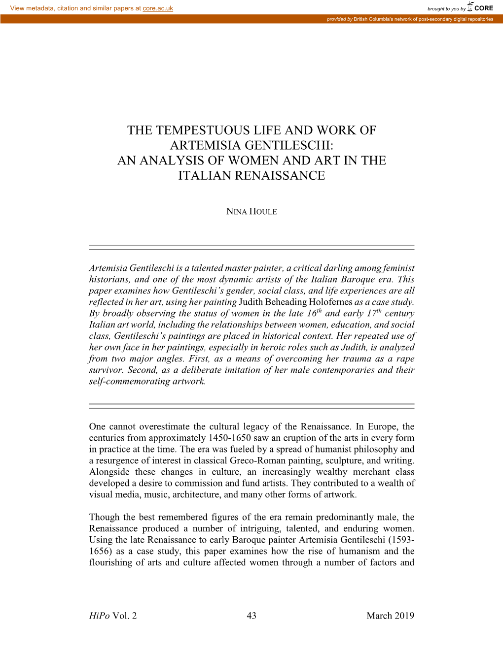 The Tempestuous Life and Work of Artemisia Gentileschi: an Analysis of Women and Art in the Italian Renaissance