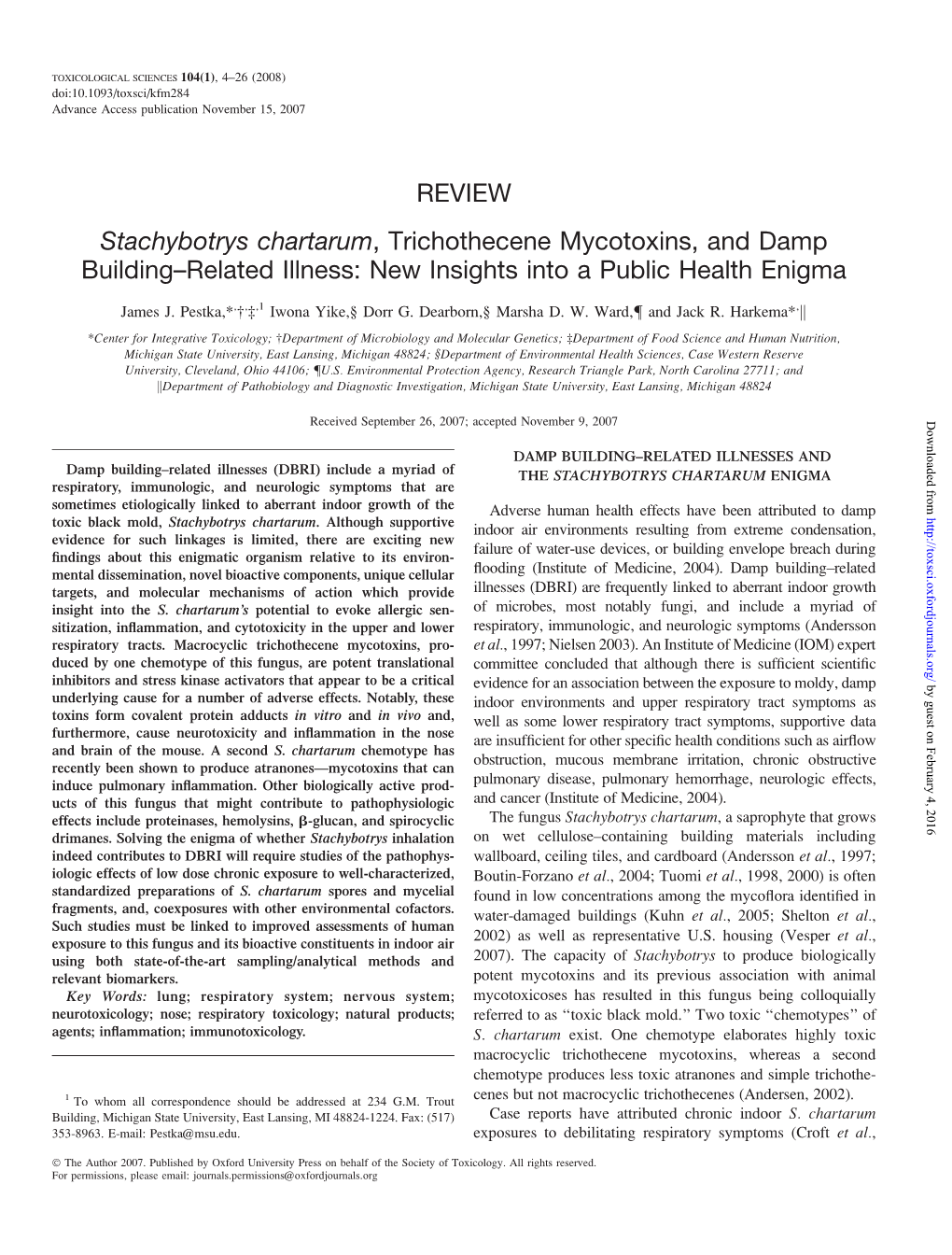 Stachybotrys Chartarum, Trichothecene Mycotoxins, and Damp Building–Related Illness: New Insights Into a Public Health Enigma