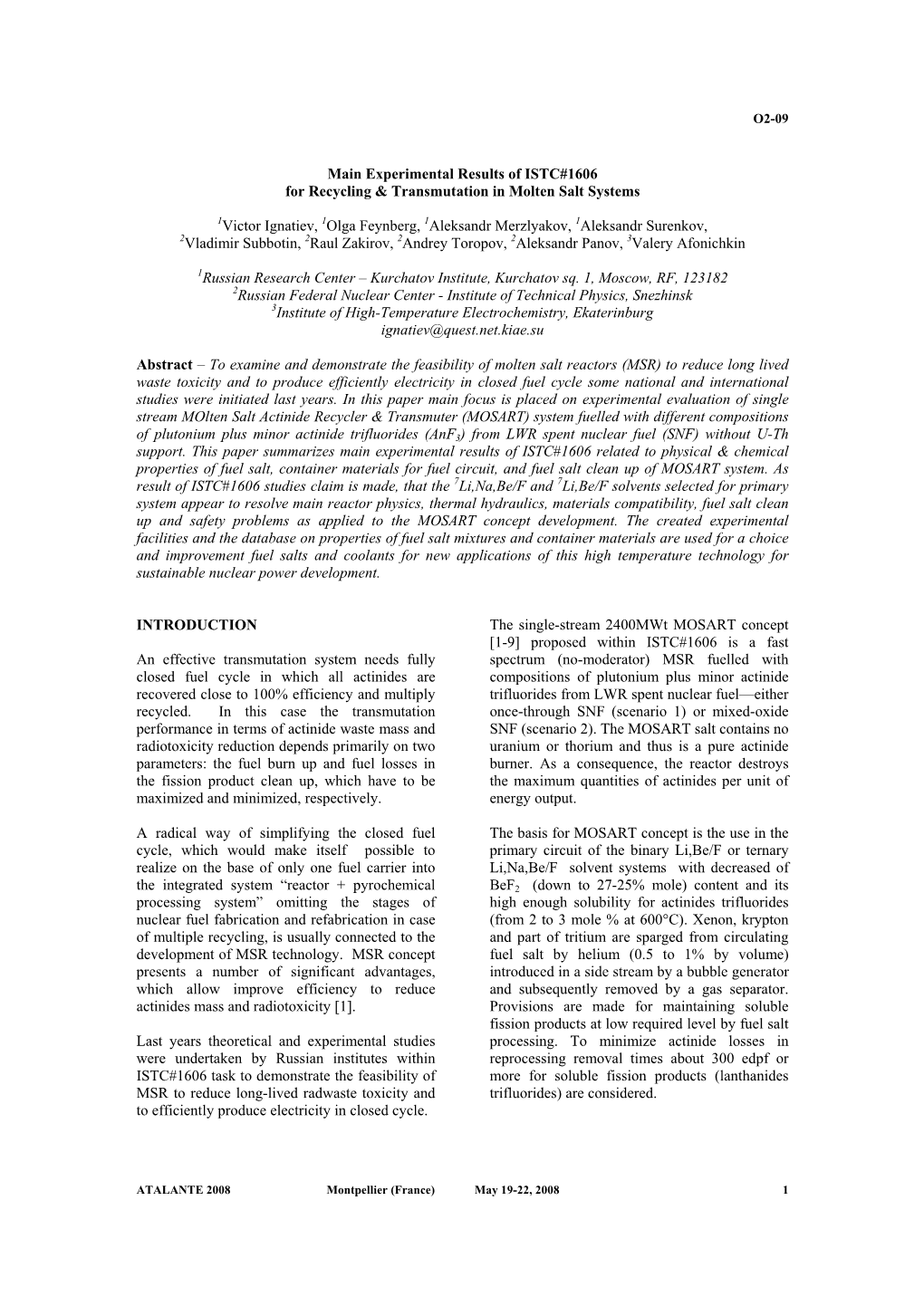 Experimental Results of ISTC#1606 for Recycling & Transmutation In