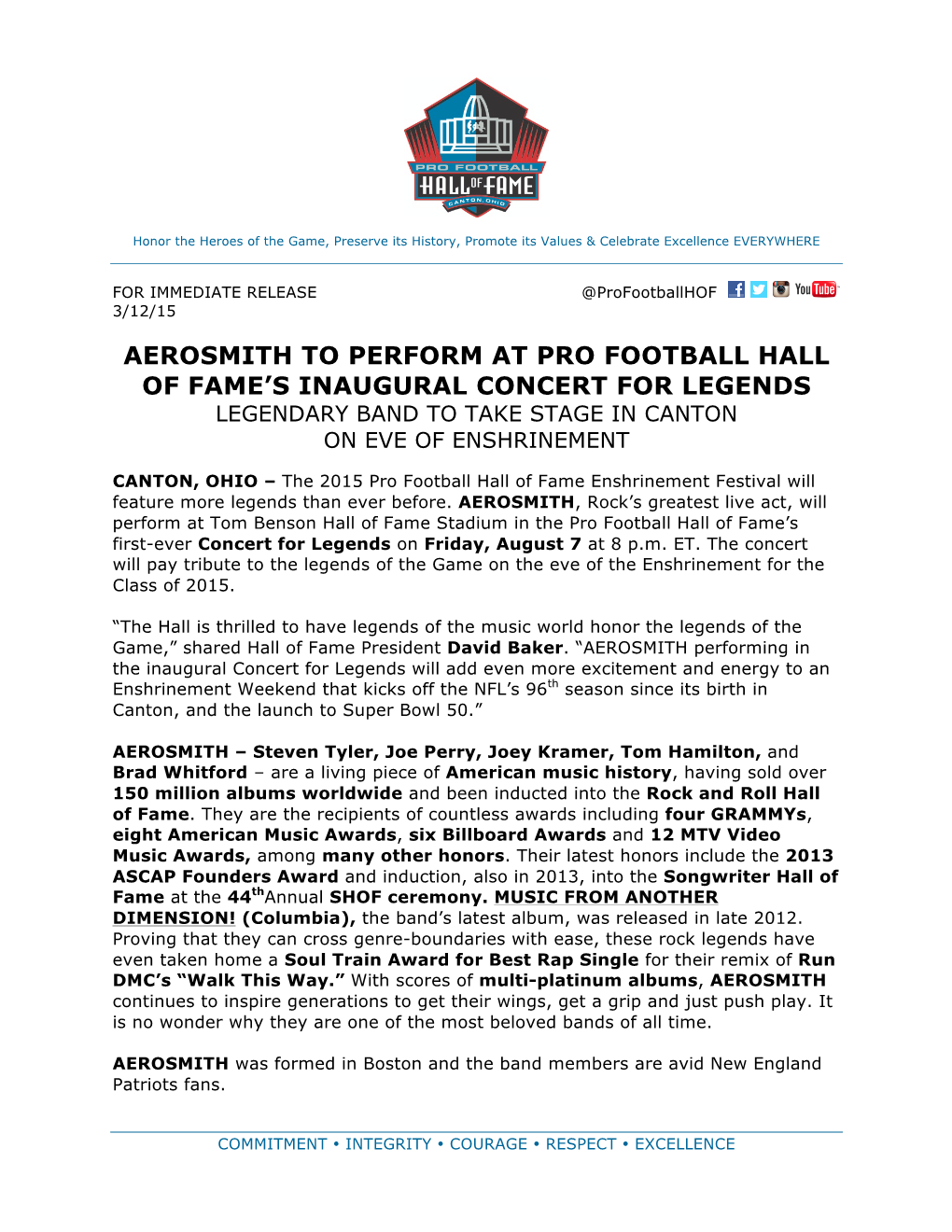 Aerosmith to Perform at Pro Football Hall of Fame's Inaugural Concert for Legends