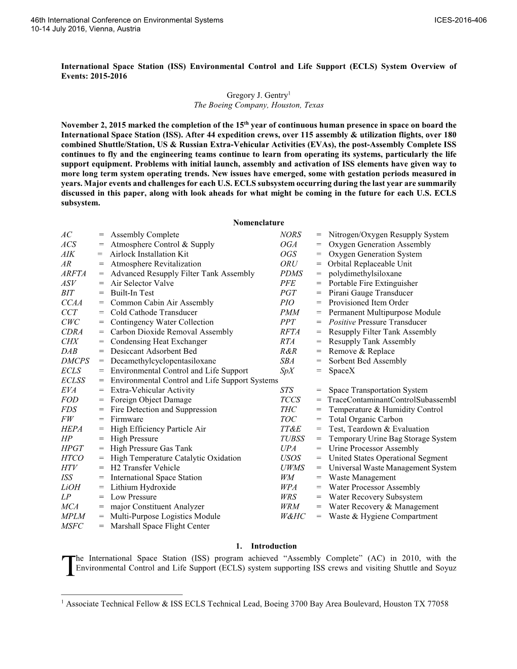 (ISS) Environmental Control and Life Support (ECLS) System Overview of Events: 2015-2016