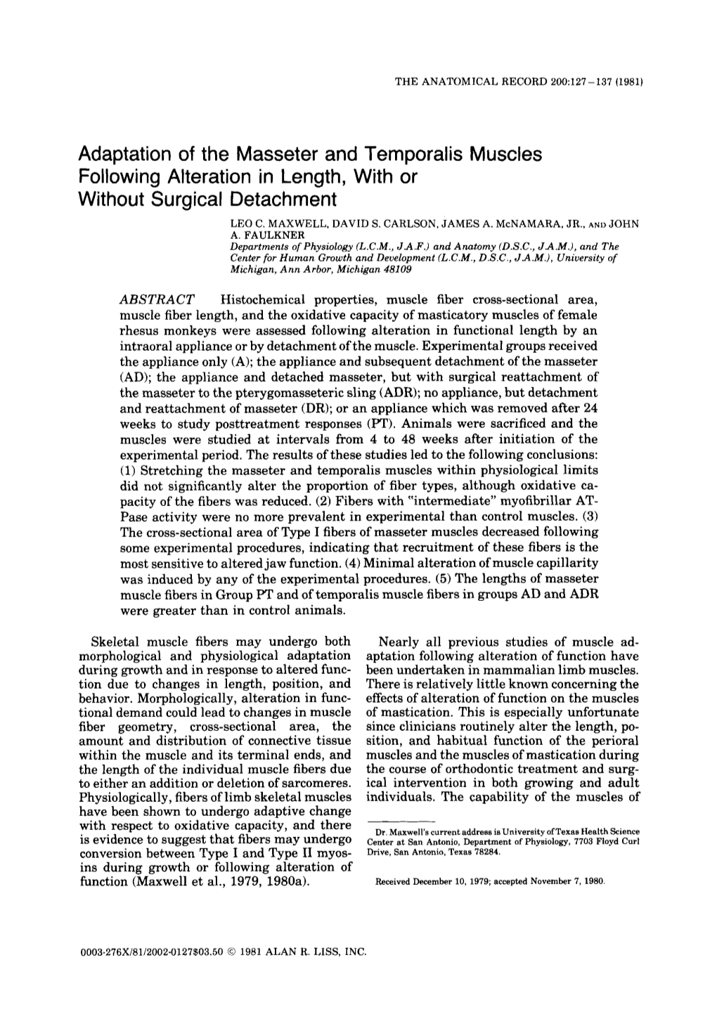 Adaptation of the Masseter and Temporalis Muscles Following Alteration in Length, with Or Without Surgical Detachment