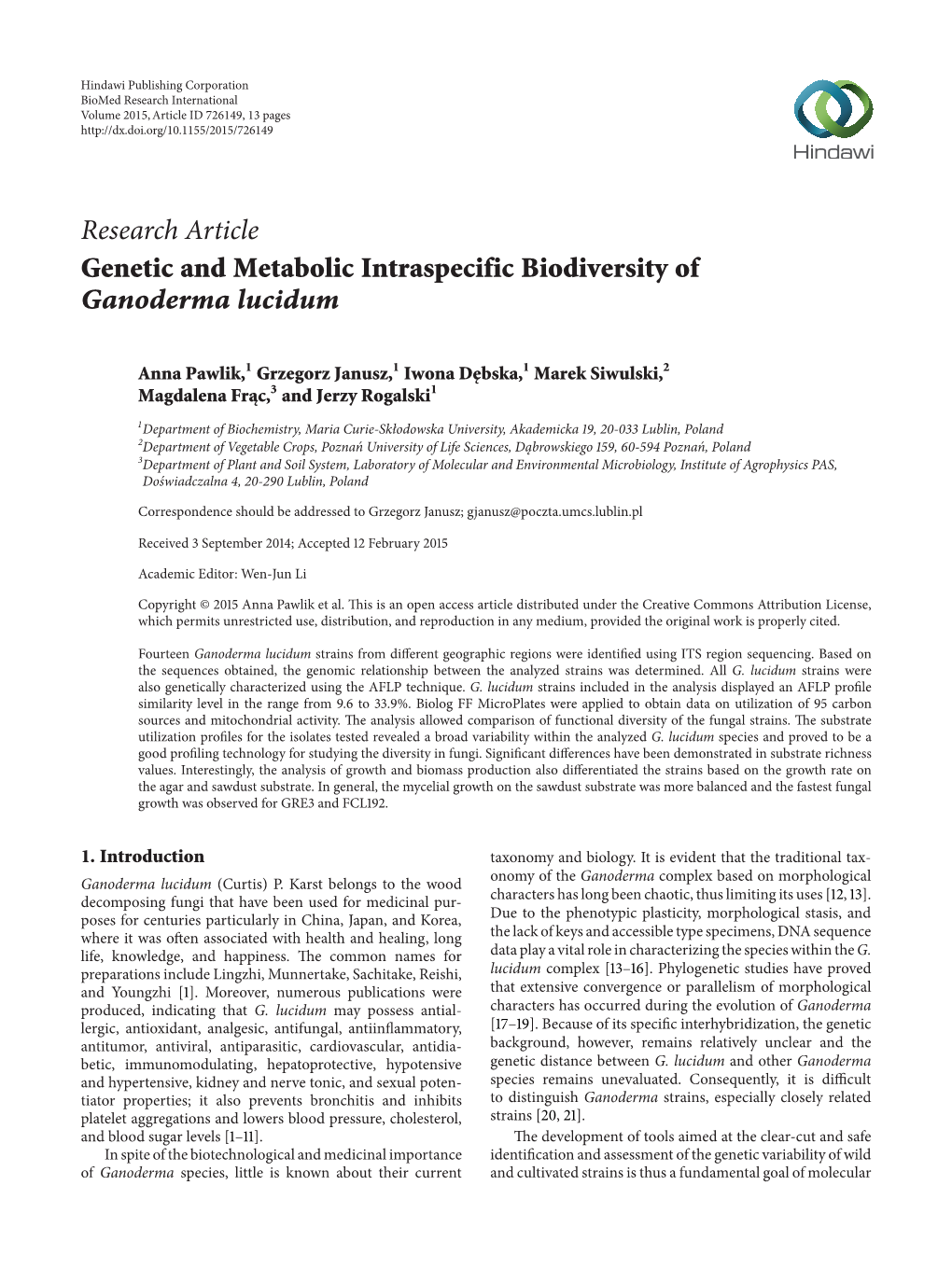 Genetic and Metabolic Intraspecific Biodiversity of Ganoderma Lucidum