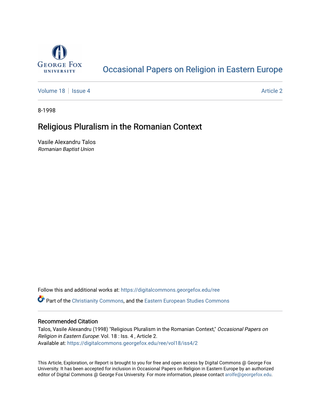 Religious Pluralism in the Romanian Context