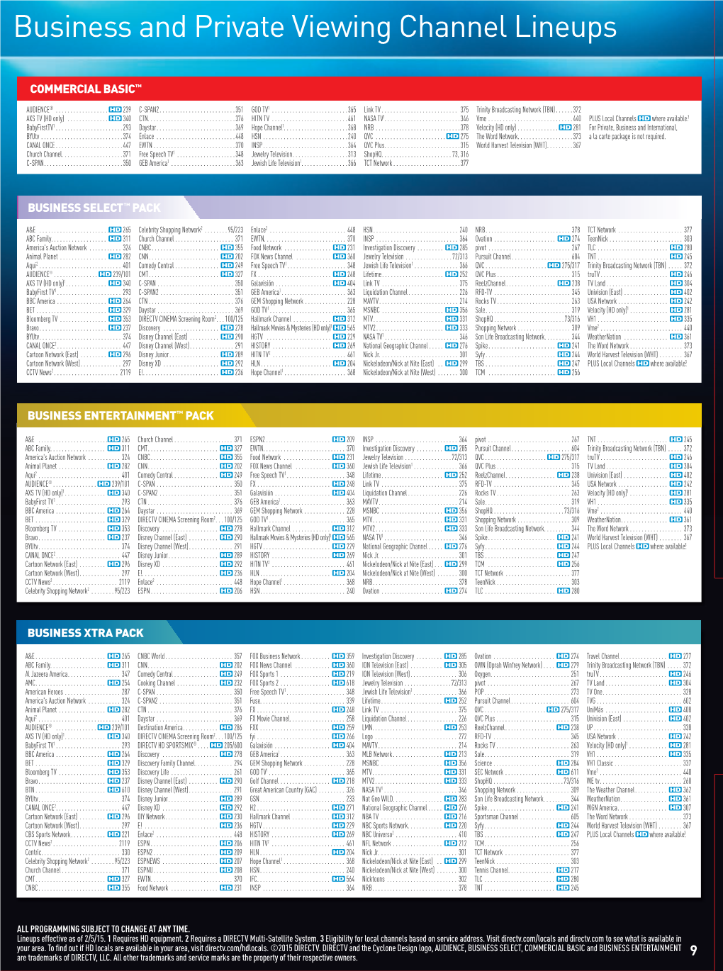 Business and Private Viewing Channel Lineups ZLUHR COMMERCIAL BASIC™