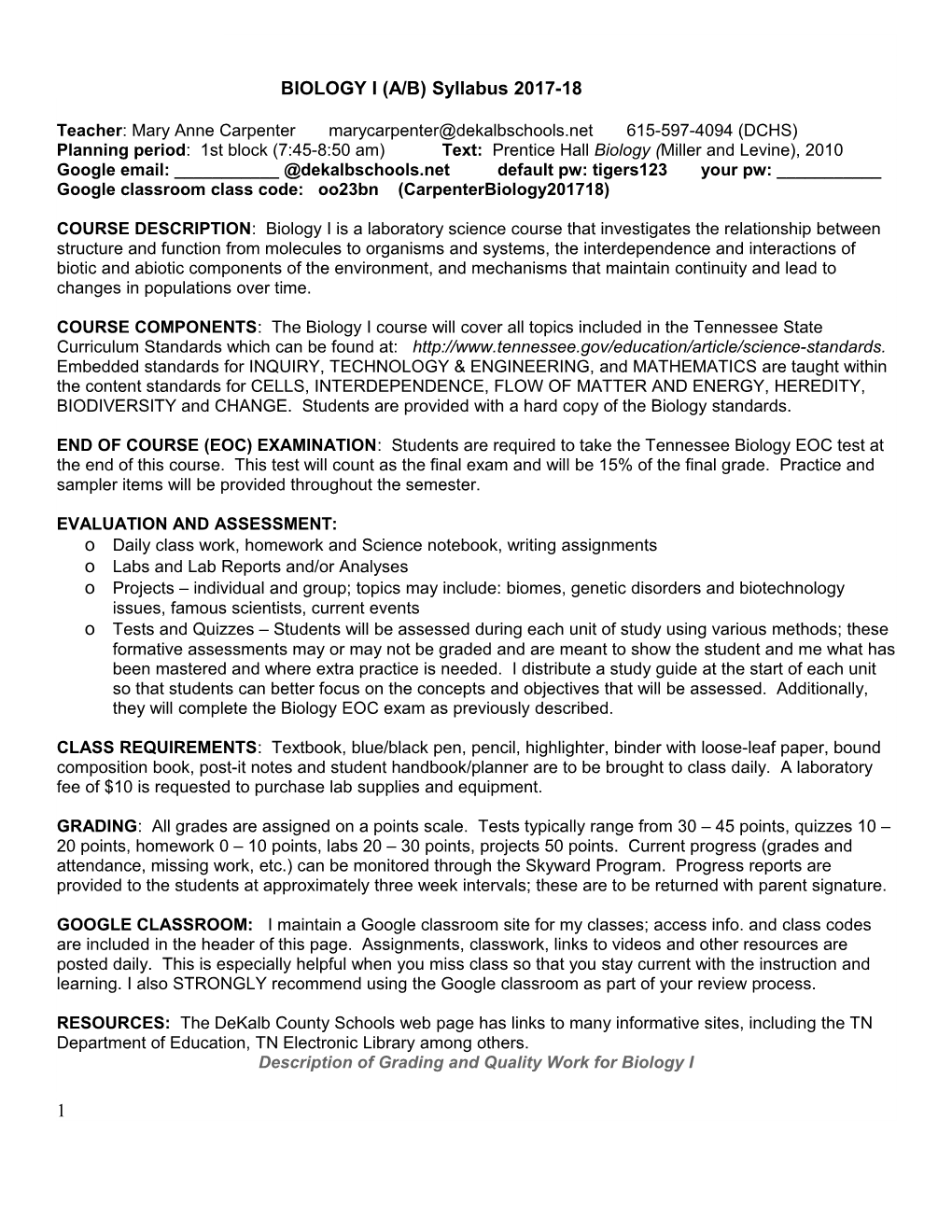 BIOLOGY I (A/B) Syllabus 2017-18