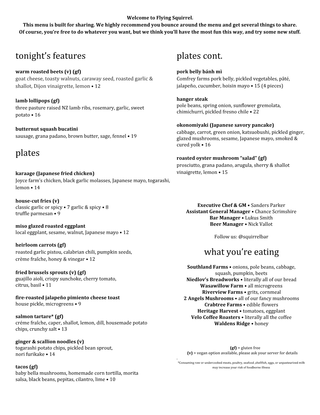 Tonight's Features Plates Plates Cont. What You're Eating