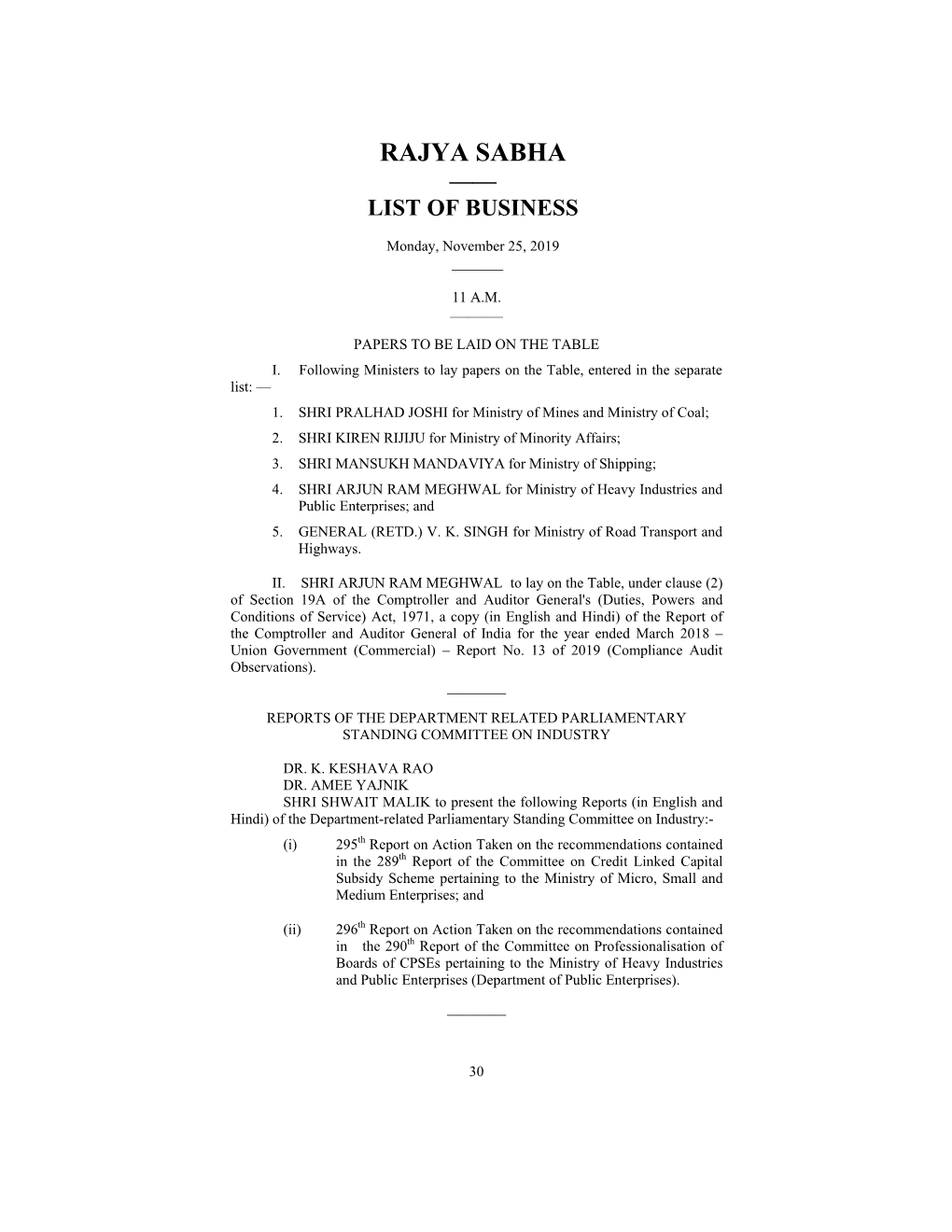 Rajya Sabha —— List of Business