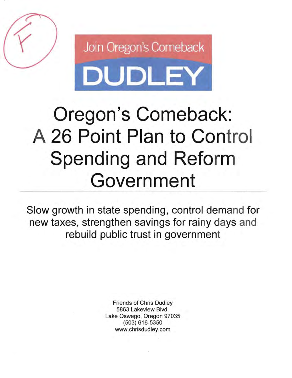 DUDLEY Oregon's Comeback: a 26 Point Plan to Control Spending and Reform Government