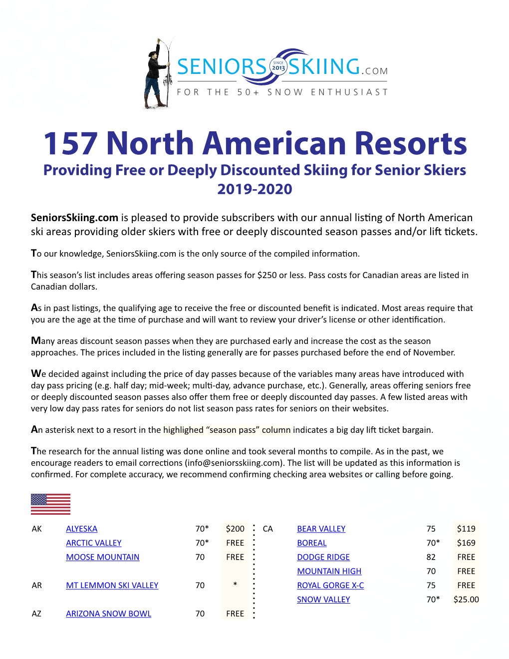 157 North American Resorts Providing Free Or Deeply Discounted Skiing for Senior Skiers 2019-2020