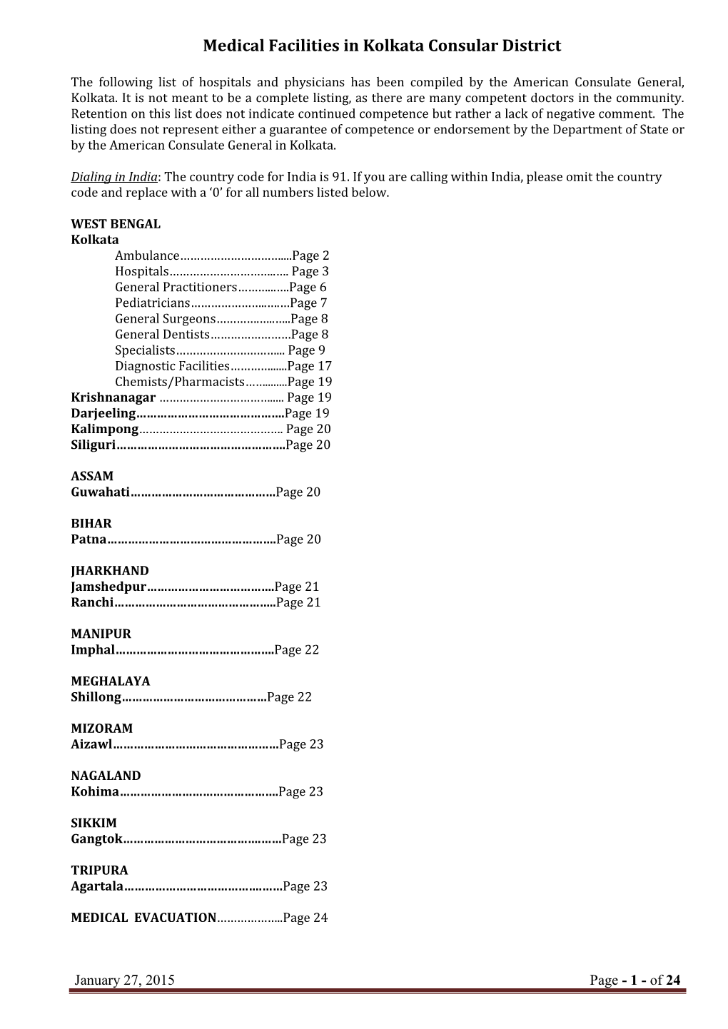 Medical Facilities in Kolkata Consular District