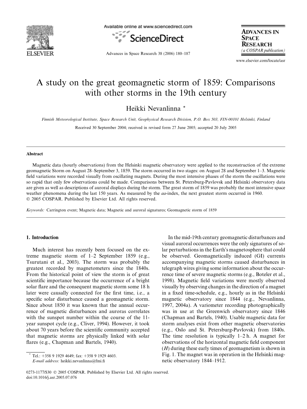 A Study on the Great Geomagnetic Storm of 1859: Comparisons with Other Storms in the 19Th Century