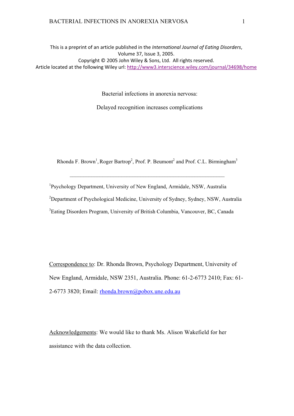 BACTERIAL INFECTIONS in ANOREXIA NERVOSA 1 Bacterial