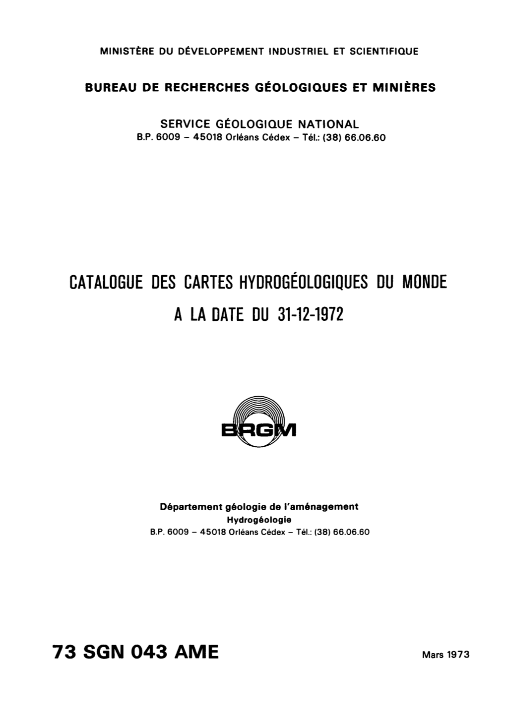 Catalogue Des Cartes Hydrogéologiques Du Monde a La Date Du 31-12-1972