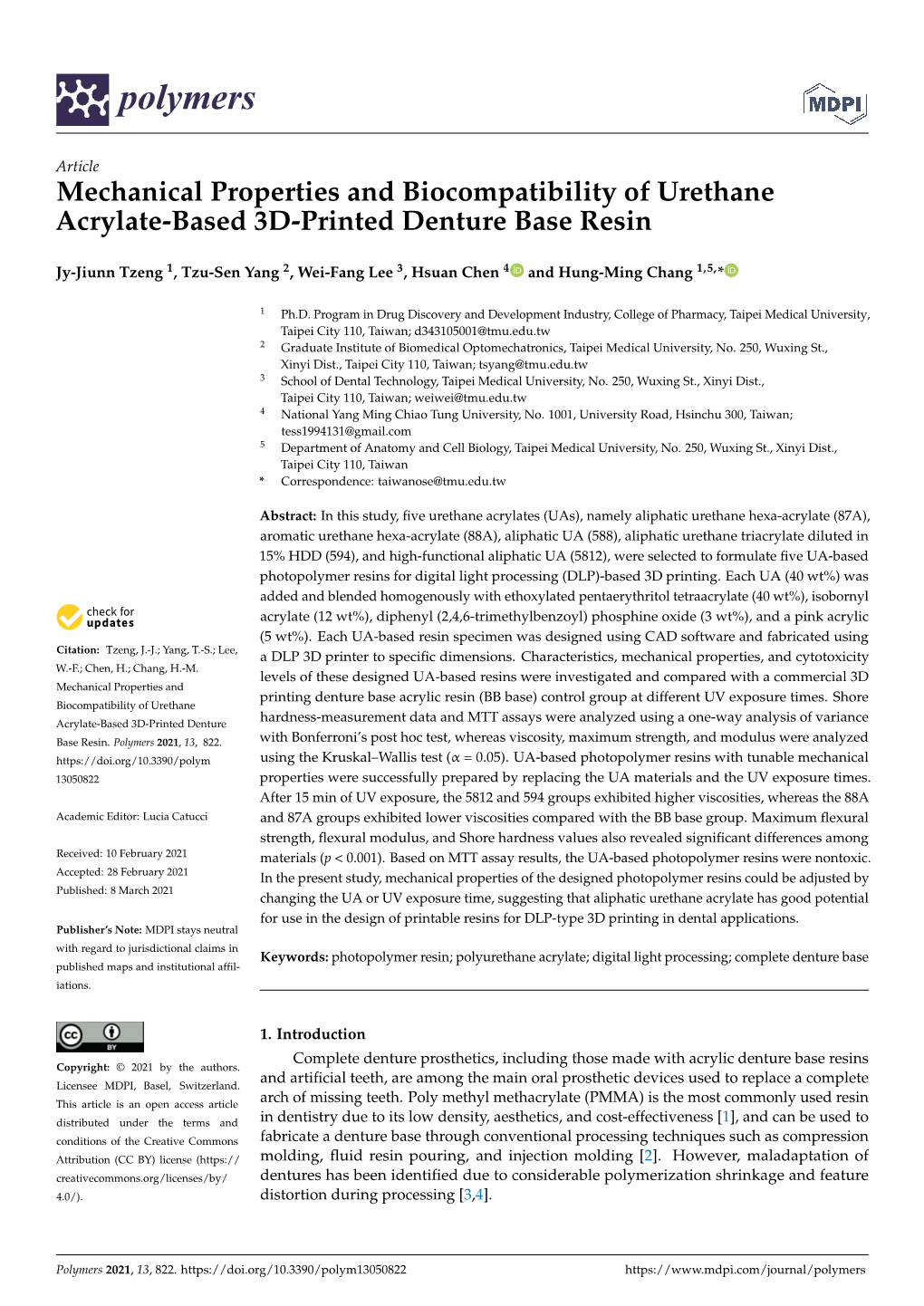 Mechanical Properties and Biocompatibility of Urethane Acrylate-Based 3D-Printed Denture Base Resin