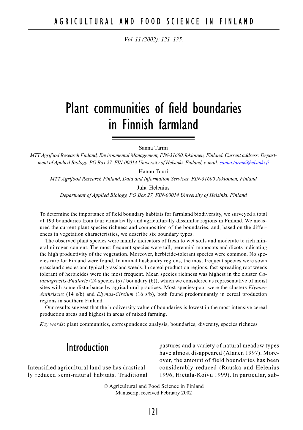 Plant Communities of Field Boundaries in Finnish Farmland