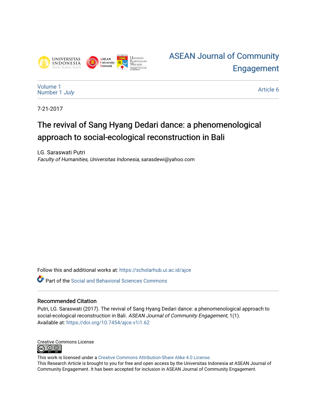 The Revival of Sang Hyang Dedari Dance: a Phenomenological Approach to Social-Ecological Reconstruction in Bali
