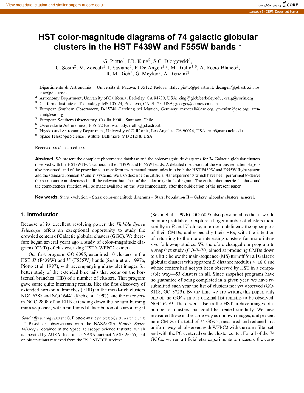 HST Color-Magnitude Diagrams of 74 Galactic Globular Clusters in the HST F439W and F555W Bands ?