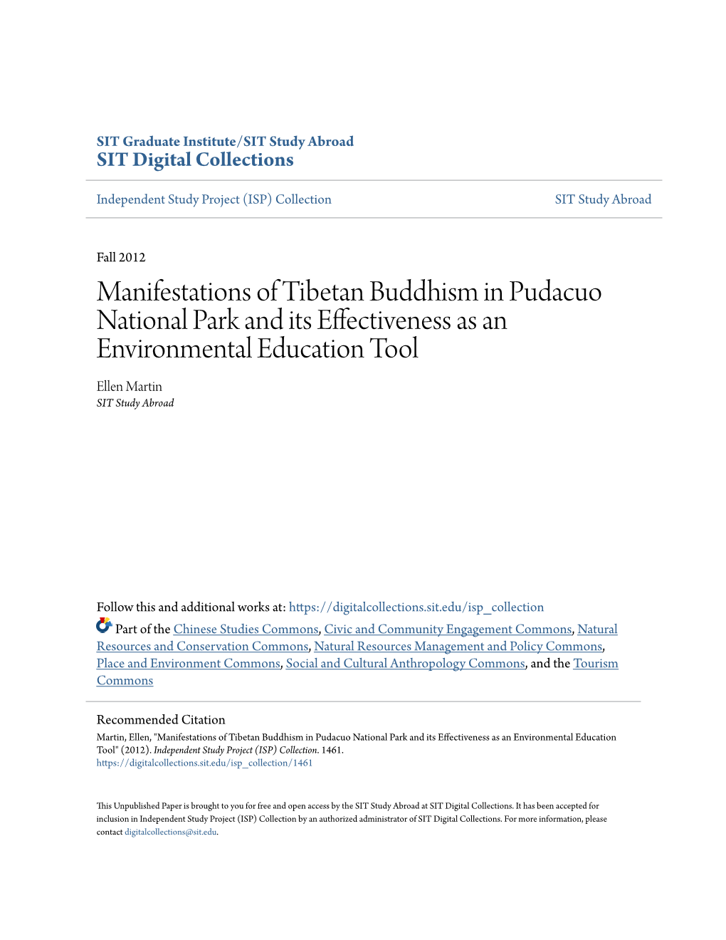 Manifestations of Tibetan Buddhism in Pudacuo National Park and Its Effectiveness As an Environmental Education Tool Ellen Martin SIT Study Abroad