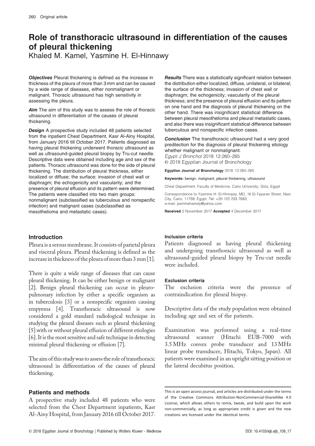 Role of Transthoracic Ultrasound in Differentiation of the Causes of Pleural Thickening Khaled M