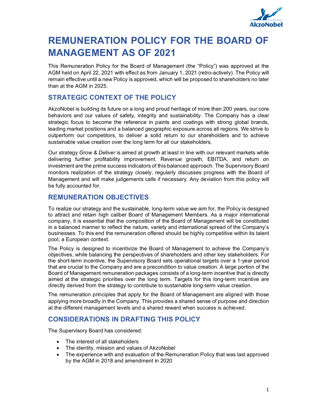 Remuneration Policy for the Board of Management As of 2021