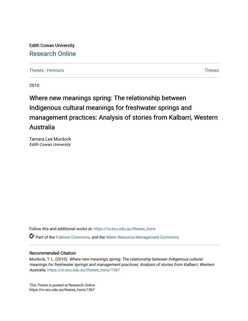 The Relationship Between Indigenous Cultural Meanings for Freshwater Springs and Management Practices: Analysis of Stories from Kalbarri, Western Australia