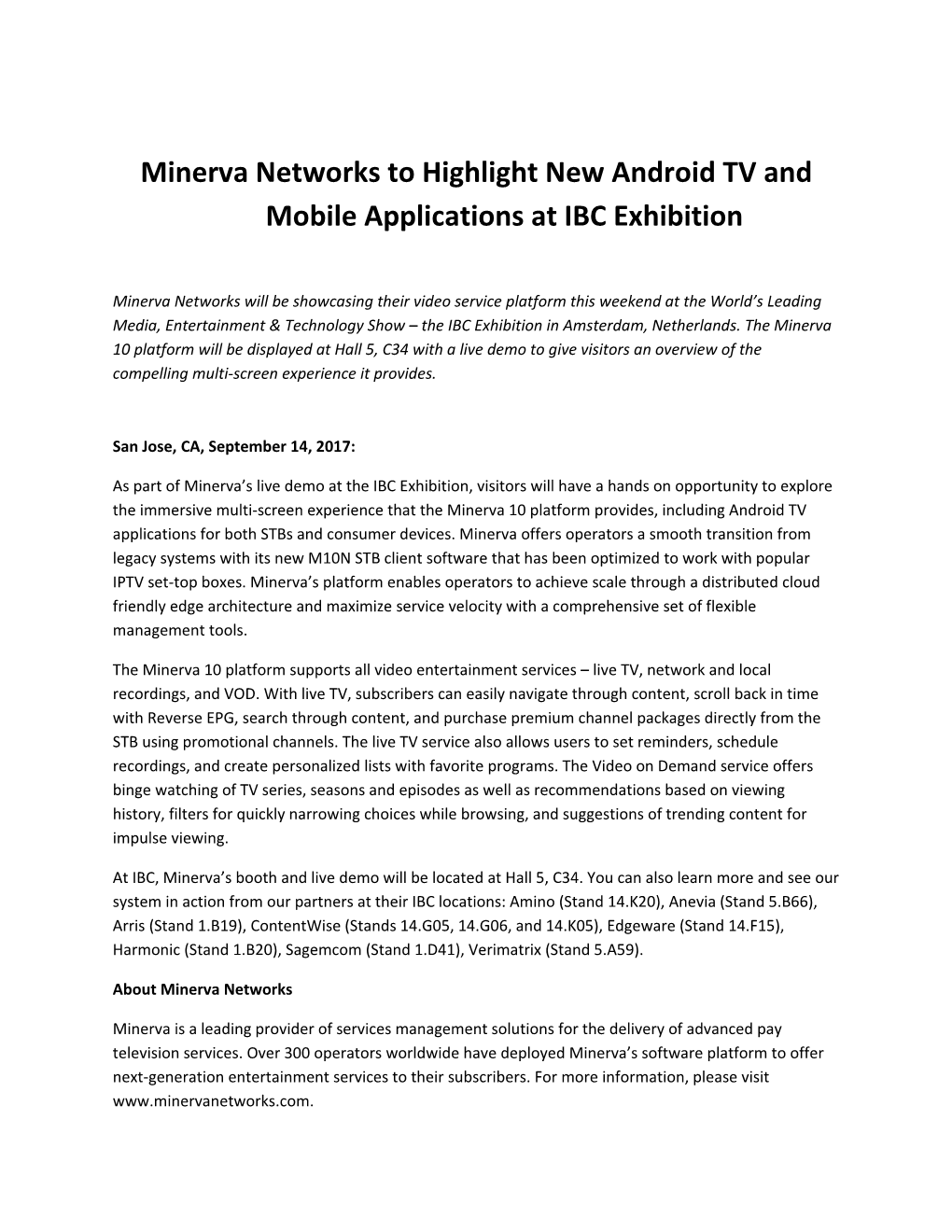 Minerva Networks to Highlight New Android TV and Mobile Applications at IBC Exhibition