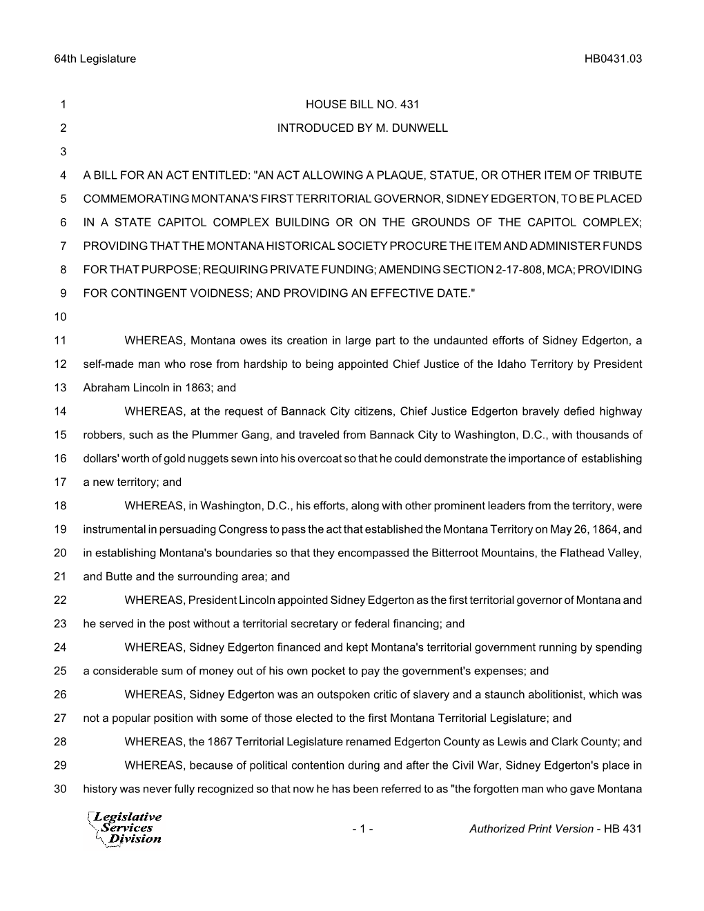 64Th Legislature HB0431.03 HOUSE BILL