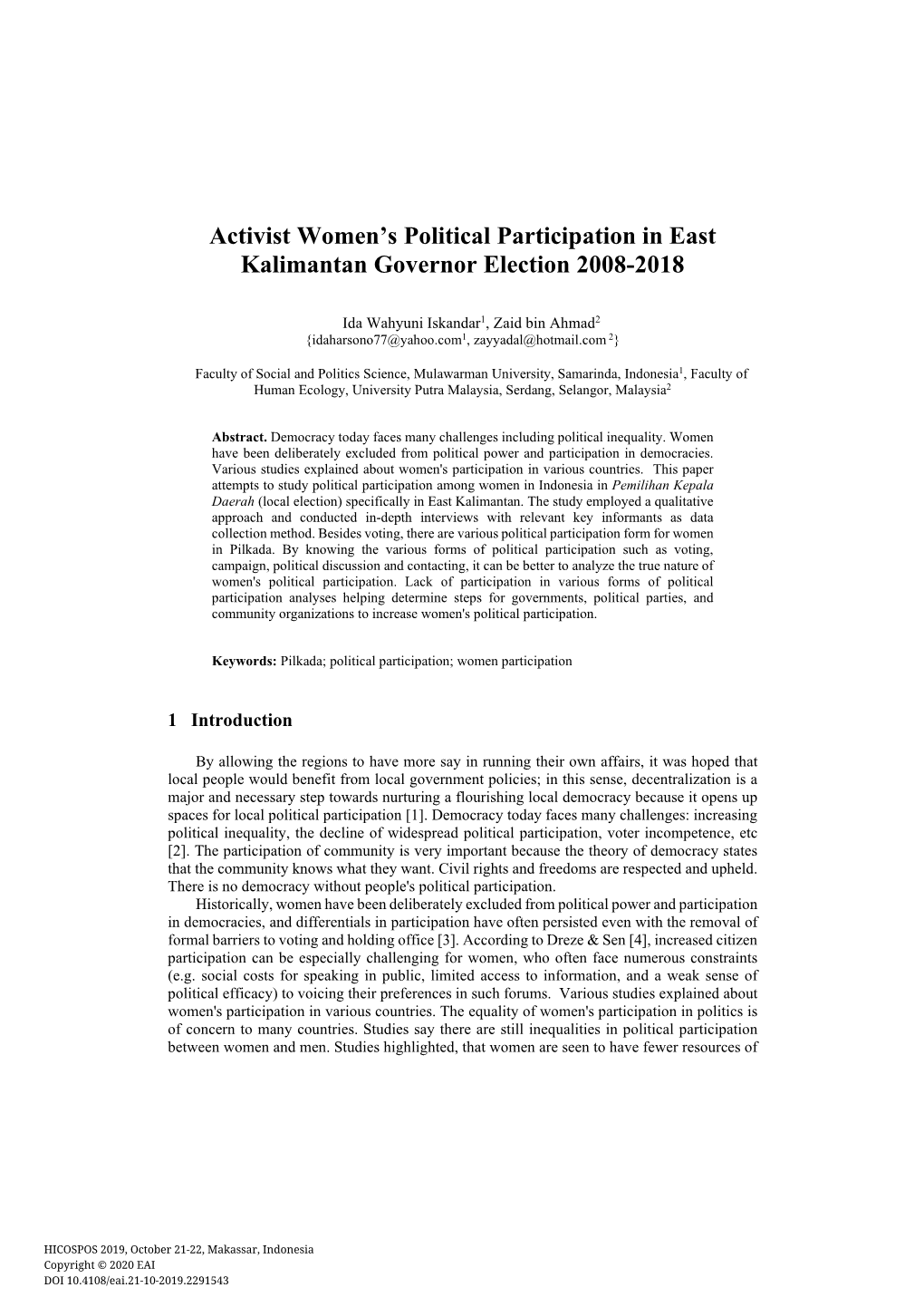 Activist Women's Political Participation in East Kalimantan Governor Election 2008-2018