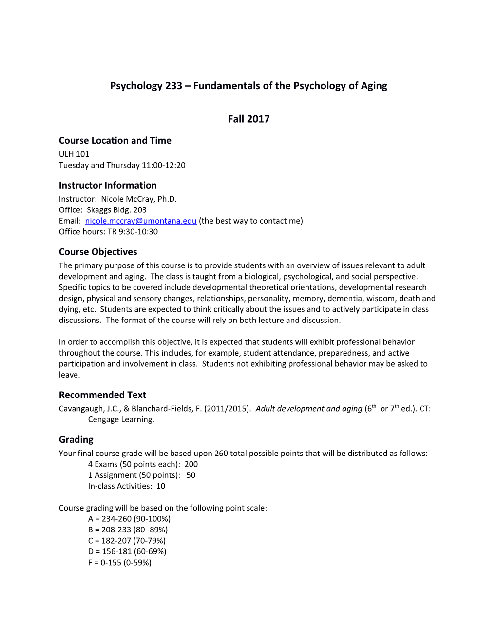 Psychology 233 Fundamentals of the Psychology of Aging