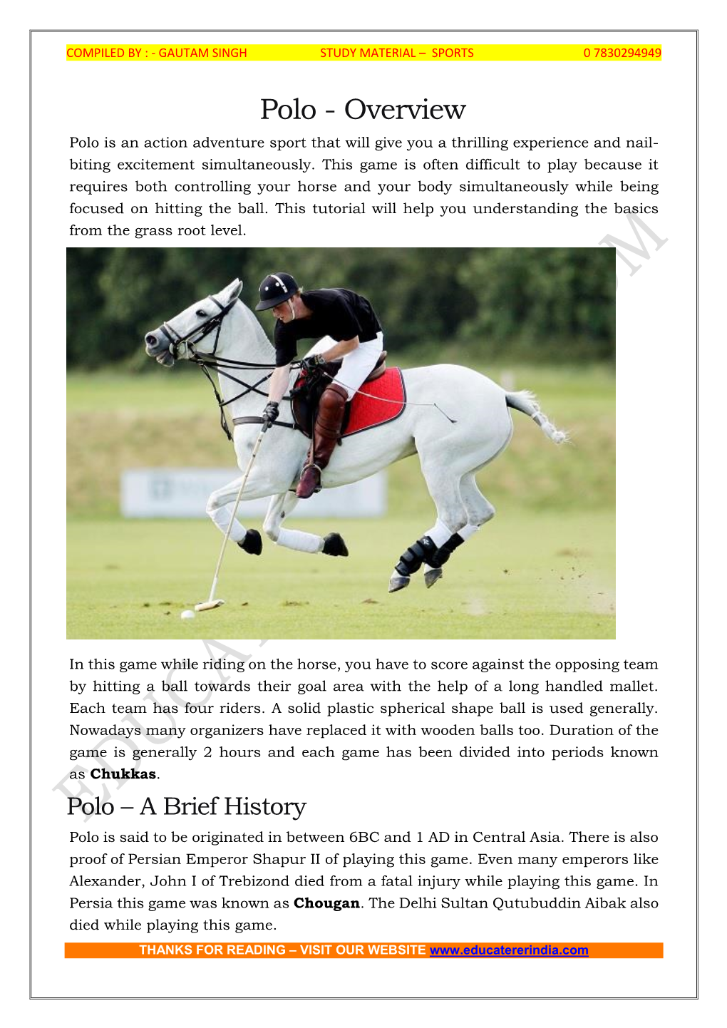 Polo - Overview Polo Is an Action Adventure Sport That Will Give You a Thrilling Experience and Nail- Biting Excitement Simultaneously