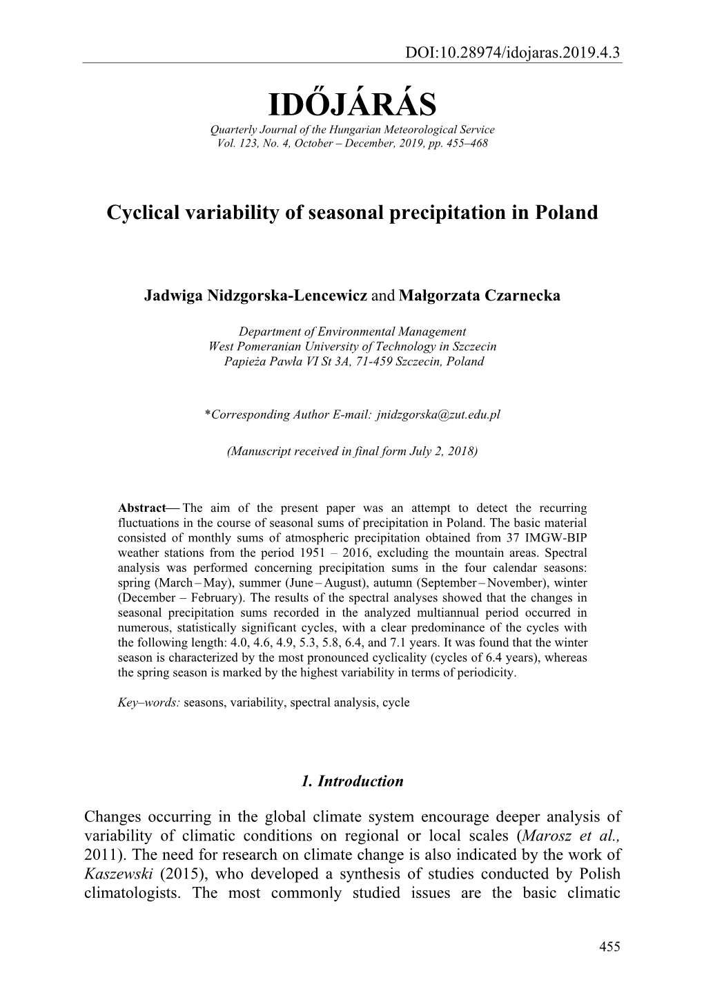 IDŐJÁRÁS Quarterly Journal of the Hungarian Meteorological Service Vol