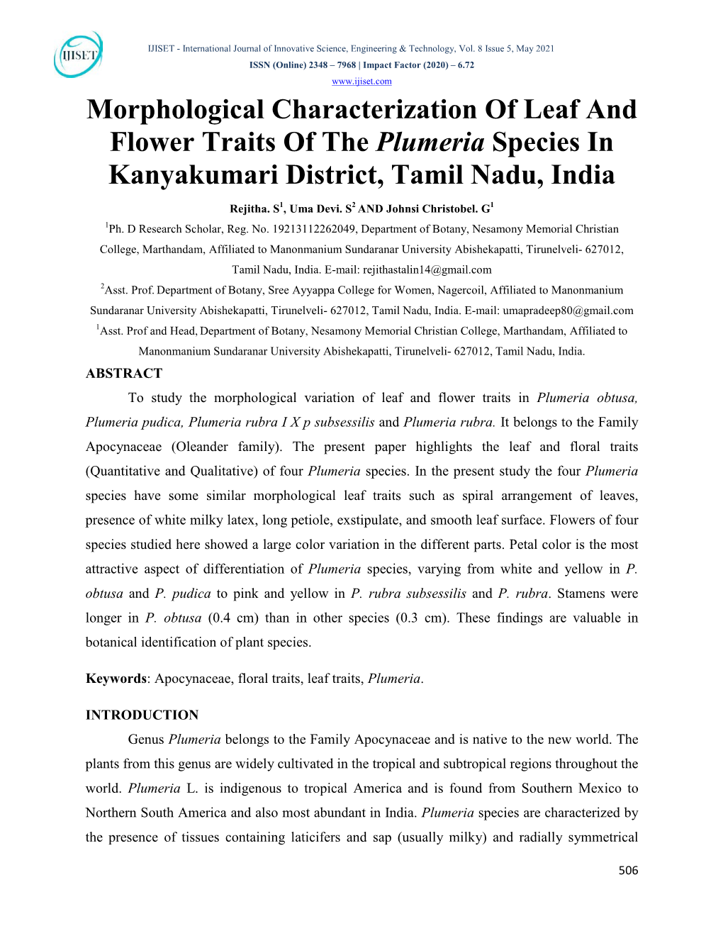 Morphological Characterization of Leaf and Flower Traits of the Plumeria Species in Kanyakumari District, Tamil Nadu, India