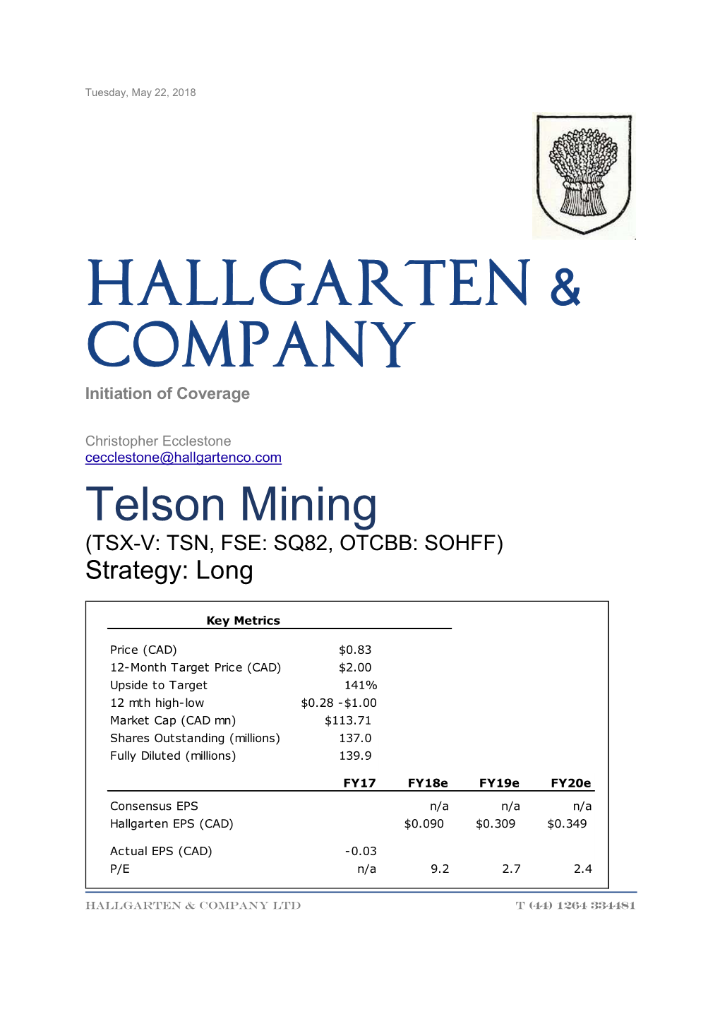 Telson Mining (TSX-V: TSN, FSE: SQ82, OTCBB: SOHFF) Strategy: Long