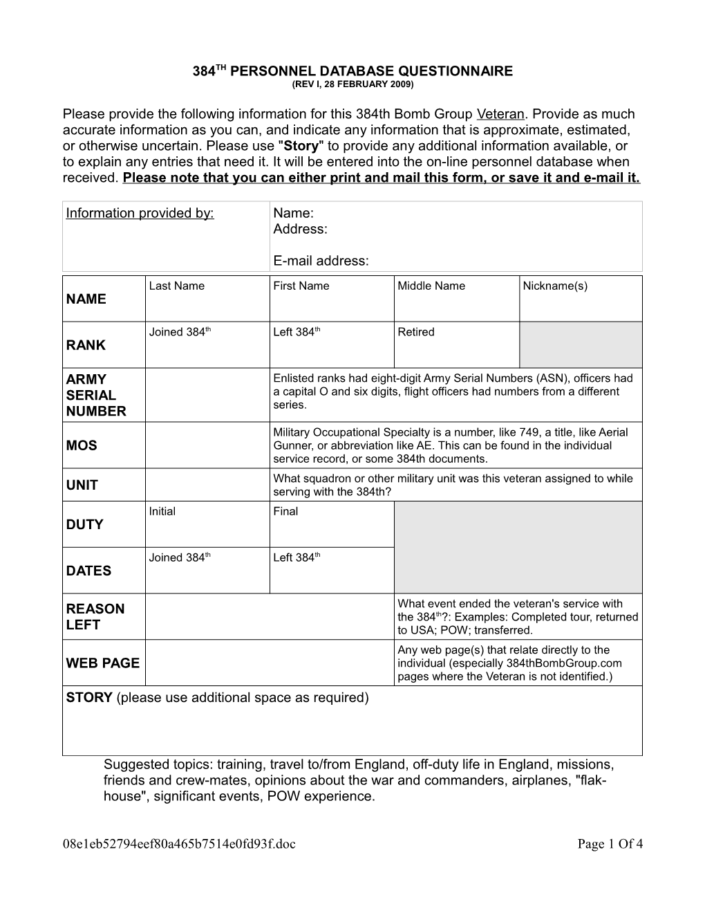 384Th Personnel Database Questionnaire