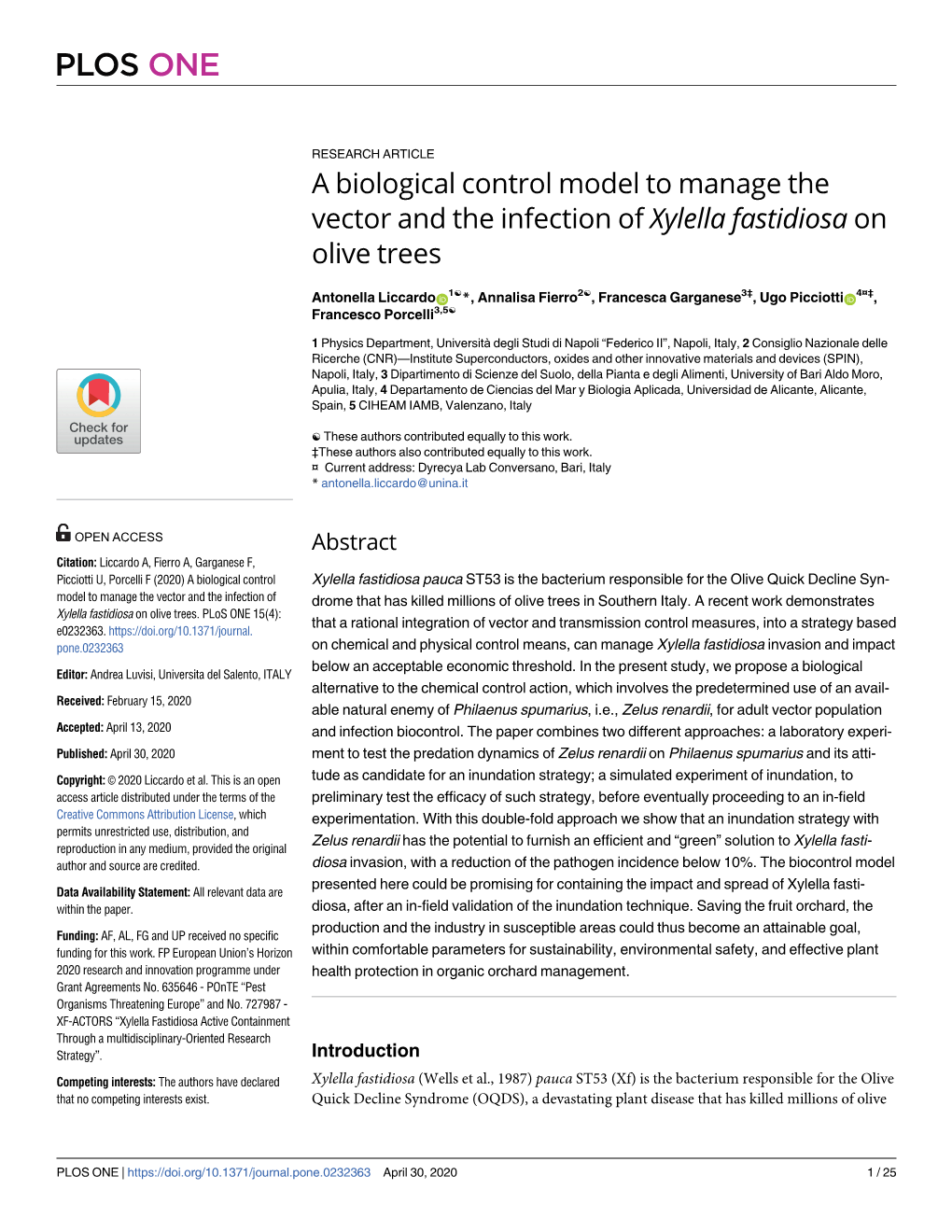 A Biological Control Model to Manage the Vector and the Infection of Xylella Fastidiosa on Olive Trees