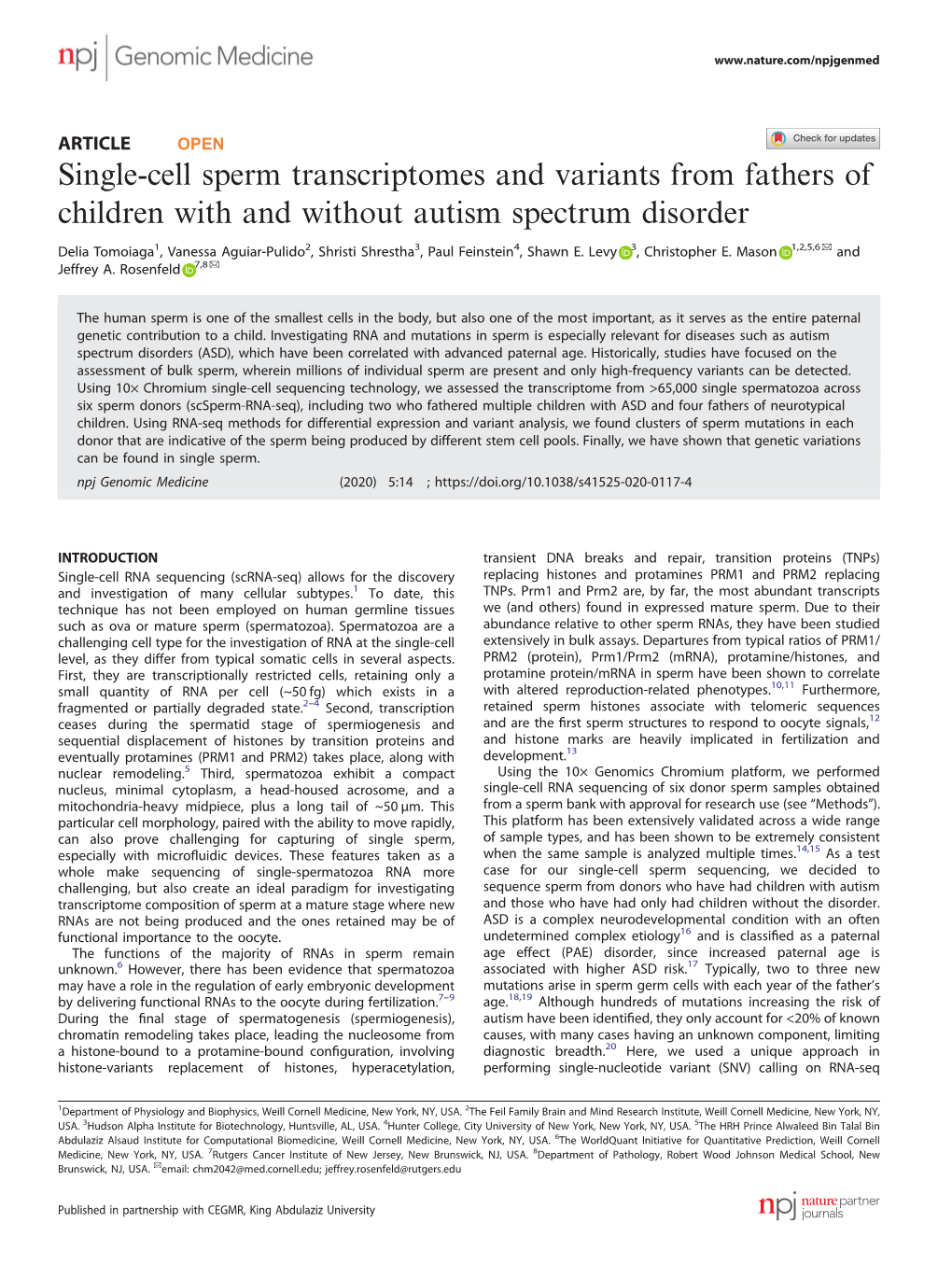 Single-Cell Sperm Transcriptomes and Variants from Fathers of Children With