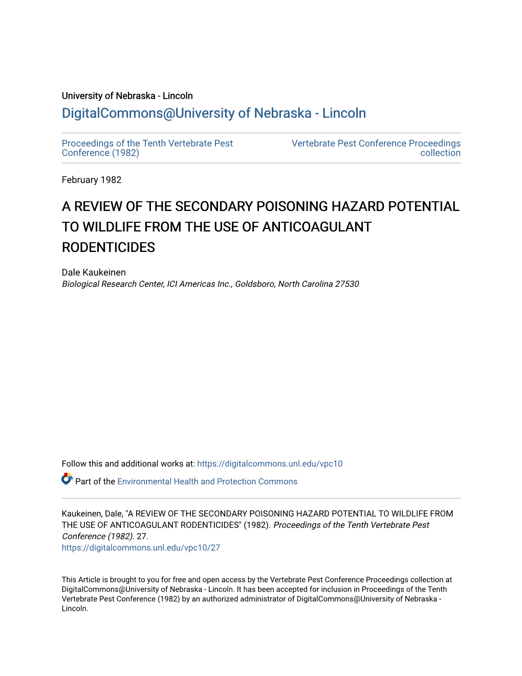 A Review of the Secondary Poisoning Hazard Potential to Wildlife from the Use of Anticoagulant Rodenticides