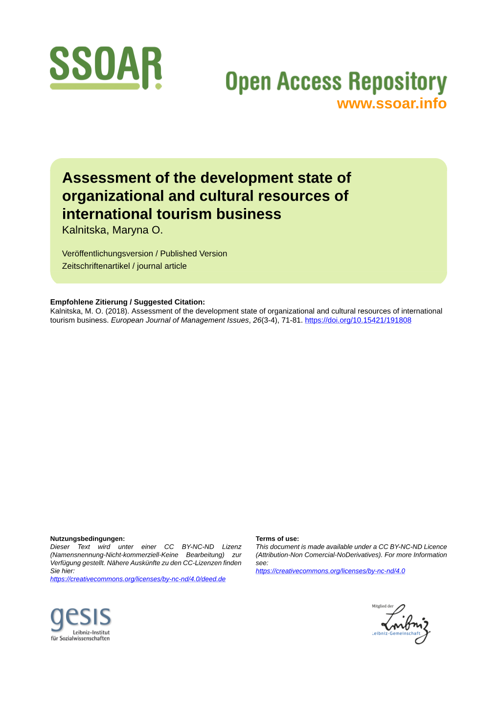 Assessment of the Development State of Organizational and Cultural Resources of International Tourism Business Kalnіtska, Maryna O