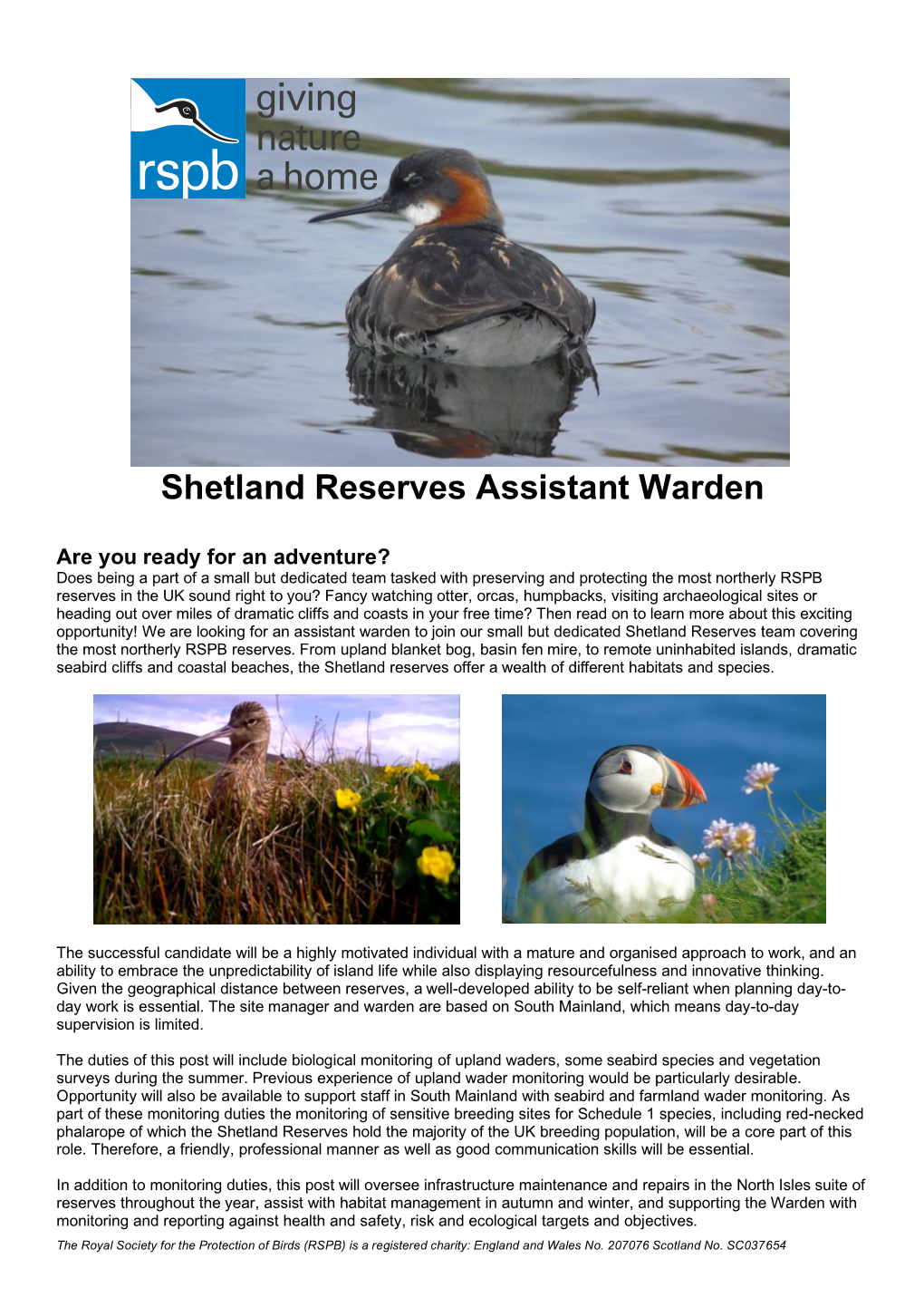 Shetland Reserves Assistant Warden