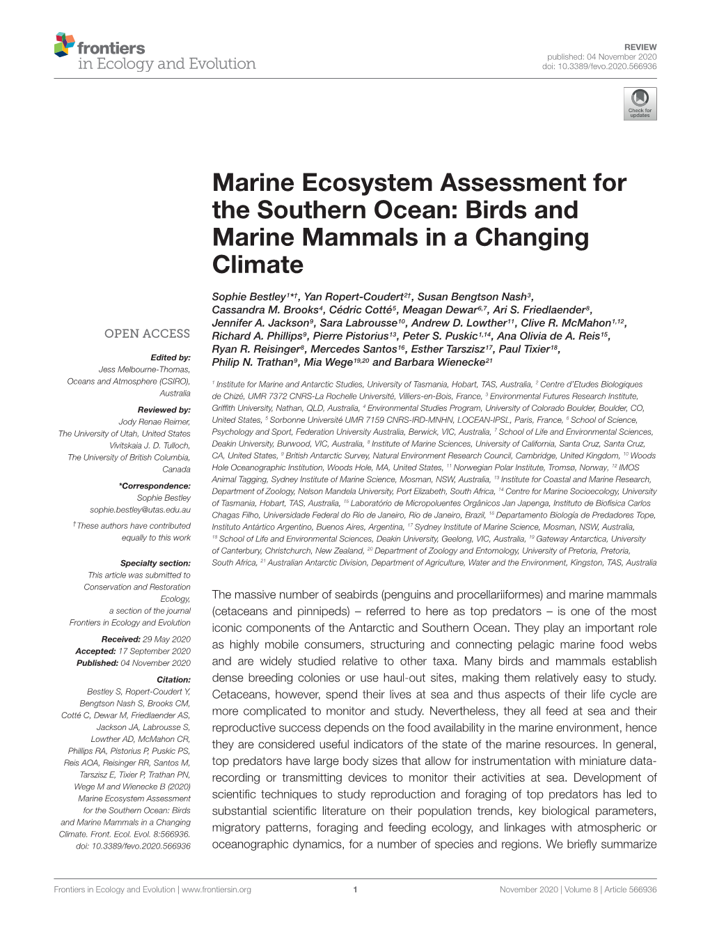 Birds and Marine Mammals in a Changing Climate